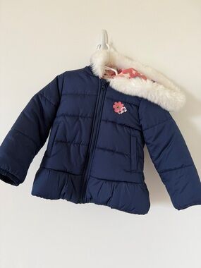 child of mine Navy Coat with Pink Floral Lining and Faux Fur Trim